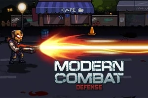 Bir sokakta tüfekle ateş eden zırhlı bir asker ve ön planda Modern Combat Defense yazısı