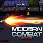 Bir sokakta tüfekle ateş eden zırhlı bir asker ve ön planda Modern Combat Defense yazısı