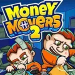 İki çizgi karakter, dolaplardan para alırken arka planda para dolu kasalar ve Money Movers 2 yazısı görülüyor