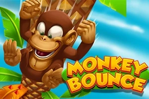 Palmiye ağacının üzerinde kollarını havaya kaldırmış neşeli bir çizgi film maymunu ve Monkey Bounce yazısı