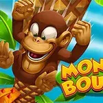 Palmiye ağacının üzerinde kollarını havaya kaldırmış neşeli bir çizgi film maymunu ve Monkey Bounce yazısı