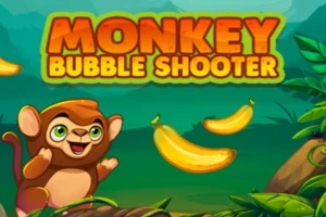 Küçük bir maymun ve muzlarla çevrili renkli bir ormanda Monkey Bubble Shooter yazısı