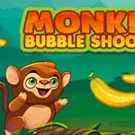 Küçük bir maymun ve muzlarla çevrili renkli bir ormanda Monkey Bubble Shooter yazısı