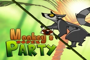 Yeşil bir arka planda, ip üzerinde yürüyen çizgi film tarzı bir lemur ve büyük, renkli harflerle yazılmış Monkeys Ropes Party yazısı