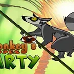Yeşil bir arka planda, ip üzerinde yürüyen çizgi film tarzı bir lemur ve büyük, renkli harflerle yazılmış Monkeys Ropes Party yazısı