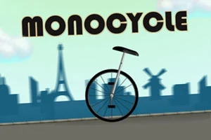 Tek tekerlekli bir bisikletin önünde şehir silueti ve Monocycle yazısı