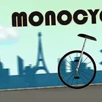 Tek tekerlekli bir bisikletin önünde şehir silueti ve Monocycle yazısı