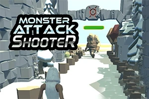 Karlı bir dağ geçidinde dev bir yaratığa yaklaşan karakter ve Monster Attack Shooter yazısı