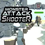Karlı bir dağ geçidinde dev bir yaratığa yaklaşan karakter ve Monster Attack Shooter yazısı