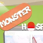 Yeşil bir arka plan üzerinde MONSTER HOSPITAL yazısı bulunan bir tabela
