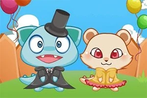 Çizgi film tarzında bir parkta, şapka ve smokinli mavi bir kedi ile sarı elbiseli ve kırmızı gözlü sevimli bir hayvan duruyor; etraflarında renkli balonlar var