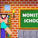 Tuğla duvarlı bir sınıfta, üzerinde Monster School yazılı bir kara tahta ve yanında tahtaya yaslanmış iki blok figürü