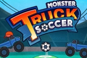 Mavi renkli iki canavar kamyon ve bir futbol topu, arka planda stadyum sahasıyla birlikte gösteriliyor
