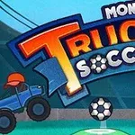 Mavi renkli iki canavar kamyon ve bir futbol topu, arka planda stadyum sahasıyla birlikte gösteriliyor