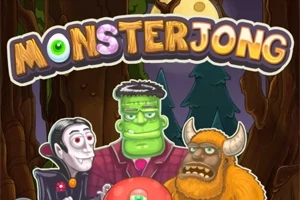 Üç canavar figürü (vampir, Frankenstein ve boynuzlu yaratık) karanlık ormanda, MONSTERJONG başlığının altında poz veriyor