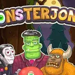 Üç canavar figürü (vampir, Frankenstein ve boynuzlu yaratık) karanlık ormanda, MONSTERJONG başlığının altında poz veriyor