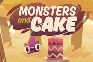 Rengarenk bir arka planda, büyük bir pasta ve yanındaki sevimli canavarla Monsters and Cake yazısı