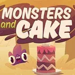 Rengarenk bir arka planda, büyük bir pasta ve yanındaki sevimli canavarla Monsters and Cake yazısı