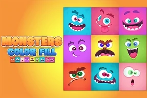 Renkli kareler içinde çeşitli ifadelerde sevimli canavar yüzleri ve “MONSTERS COLOR FILL” yazısı
