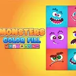 Renkli kareler içinde çeşitli ifadelerde sevimli canavar yüzleri ve “MONSTERS COLOR FILL” yazısı