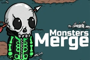 Kafasına ok saplanmış, iskelet kostümü giymiş bir figürün yanında Monsters Merge yazısı