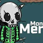 Kafasına ok saplanmış, iskelet kostümü giymiş bir figürün yanında Monsters Merge yazısı