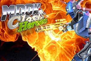 Alevler arka planda, sağda robotik bir karakter büyük bir lazer silahı tutuyor; üzerinde Moon Clash Heroes yazısı bulunan bir tasarım