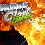 Alevler arka planda, sağda robotik bir karakter büyük bir lazer silahı tutuyor; üzerinde Moon Clash Heroes yazısı bulunan bir tasarım