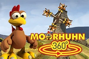 Büyük bir tavuk karakteri, taş bir yel değirmeninin önünde duruyor ve Moorhuhn 360° yazısı yer alıyor
