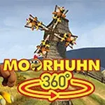 Büyük bir tavuk karakteri, taş bir yel değirmeninin önünde duruyor ve Moorhuhn 360° yazısı yer alıyor