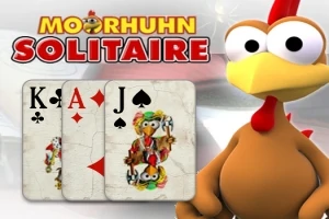 Sol elinde iskambil kartlarıyla tavuk kostümlü bir karakter ve üstte MOORHUHN SOLITAIRE yazısı