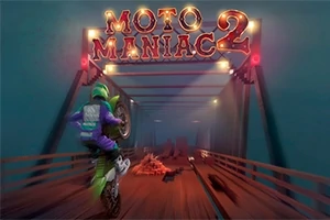 Motosiklet kullanan bir kişi, üzerinde Moto Maniac 2 yazan ışıklı tabelanın altında bir köprüde ilerliyor