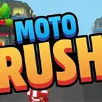 MOTO RUSH yazısı önünde renkli binaların ve ağaçların olduğu bir cadde