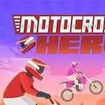 Motokros bisikletleri kullanan üç kişi, renkli ekipmanlar ve arka planda pembe-mor gökyüzü