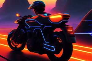 Neon ışıklarla süslenmiş bir motosiklet, sürücüsüyle birlikte turuncu ve mor tonlarda fütüristik bir ortamda ilerliyor