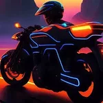 Neon ışıklarla süslenmiş bir motosiklet, sürücüsüyle birlikte turuncu ve mor tonlarda fütüristik bir ortamda ilerliyor
