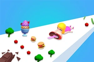 Sarı saçlı bir karakter, beyaz bir platformda dondurma, hamburger, elma, brokoli ve çikolata parçaları gibi yiyeceklerle birlikte sürünüyor