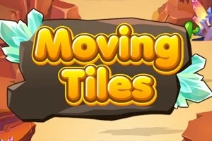 Renkli taşlar ve kristallerle çevrili bir kayanın üzerinde Moving Tiles yazısı