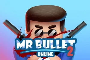 Karakter kara gözlük ve koyu saçlarla, çapraz iki silahla poz veriyor, önünde Mr Bullet 2 Online yazısı bulunuyor
