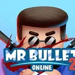 Karakter kara gözlük ve koyu saçlarla, çapraz iki silahla poz veriyor, önünde Mr Bullet 2 Online yazısı bulunuyor