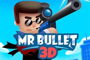 Gözlük takan bir karakter, nişangâhıyla görünen büyük bir tüfek tutuyor ve mavi arka plan üzerinde MR BULLET 3D yazısı bulunuyor