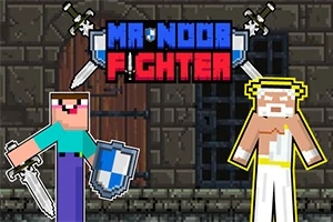 Piksel tarzı karakterler, kılıç ve kalkan taşıyan savaşçı olarak tasvir edilmiş, karanlık bir zemin üzerinde duran ve Mr Noob Fighter metni üstte yer alıyor
