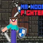 Piksel tarzı karakterler, kılıç ve kalkan taşıyan savaşçı olarak tasvir edilmiş, karanlık bir zemin üzerinde duran ve Mr Noob Fighter metni üstte yer alıyor