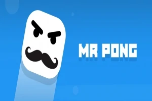 Mavi arka plan üzerinde kaşları çatık, bıyıklı beyaz blok şeklinde bir yüz ile yanında MR PONG yazısı