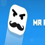 Mavi arka plan üzerinde kaşları çatık, bıyıklı beyaz blok şeklinde bir yüz ile yanında MR PONG yazısı