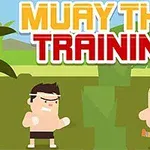 İki stilize edilmiş karakter, yeşil bir arka plan önünde dövüş pozisyonu almış şekilde duruyor, üst kısımda büyük harflerle MUAY THAI TRAINING yazısı bulunuyor