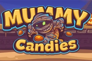Üzerinde Mummy Candies yazısı bulunan, sevimli bir mumya karakteri ve etrafa saçılmış şekerler