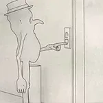 Şapkalı bir figür, asansör düğmesine basıyor