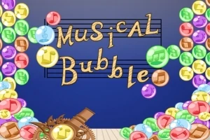Renkli müzik notalarıyla dolu baloncuklar ve arka planda Musical Bubble yazısı