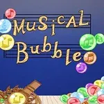 Renkli müzik notalarıyla dolu baloncuklar ve arka planda Musical Bubble yazısı
